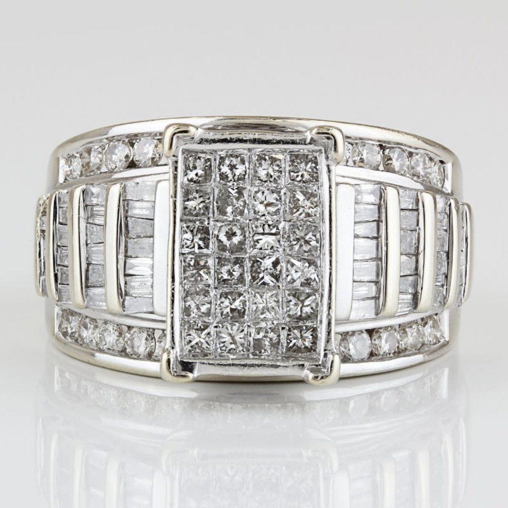 10k White Gold Princess-cut + Baguette-cut Diamond Wedding / Cocktail Ring